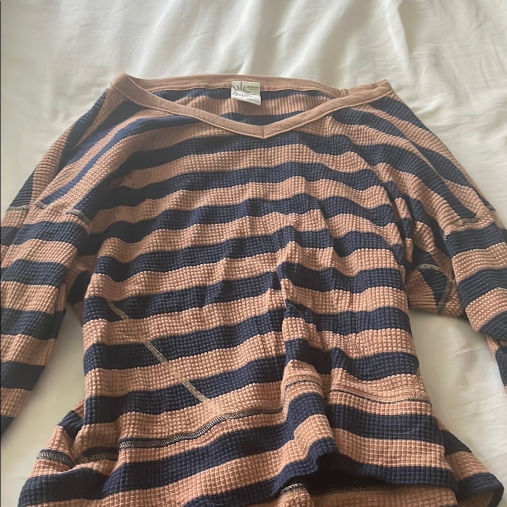 Aerie V-Neck Sweater with Pink and Navy Stripes